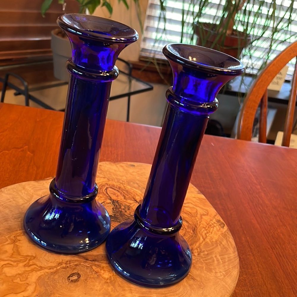 Pair of Cobalt Blue Glass Candlestick Holders